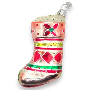 Dept 56 Clock Tag Christmas Stocking Ornament Mercury Glass Glitter Accents